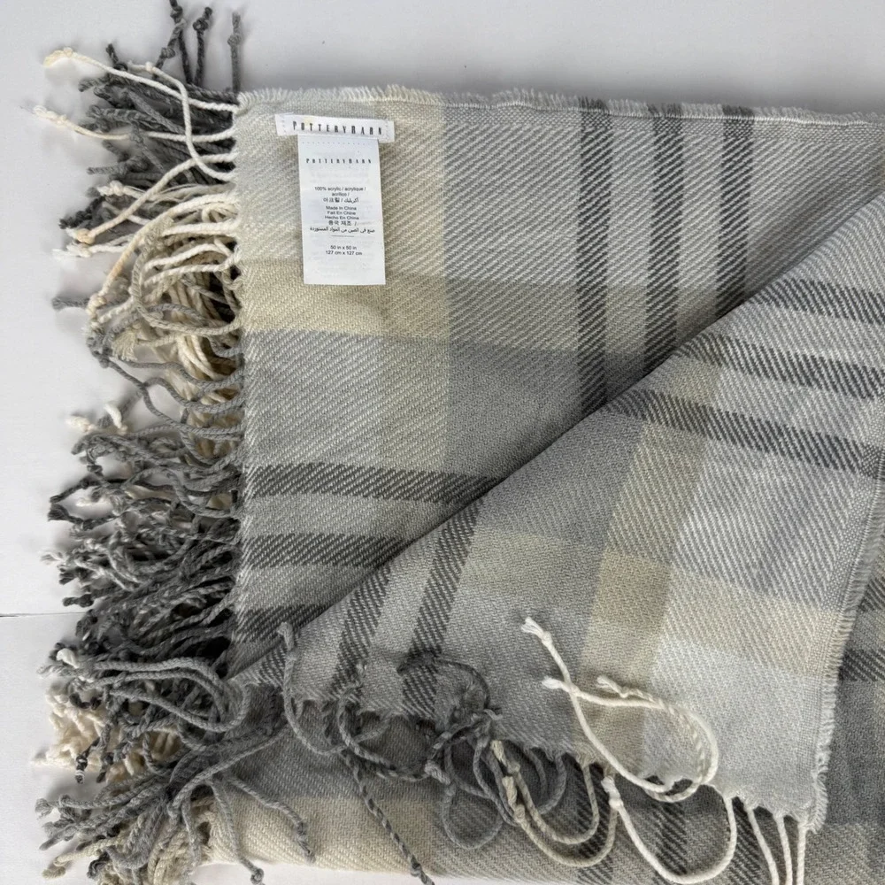 Pottery Barn Grey Beige Tan Plaid Fringe Throw Blanket 50x50 Soft Square